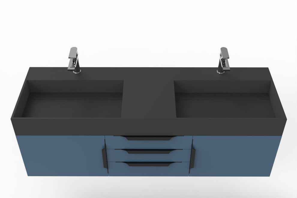 CastelloUSA Amazon 60" Wall Mounted Bathroom Vanity Set, Blue, Black Top, Black Handles
