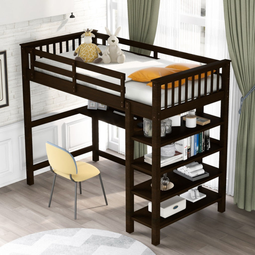 Espresso Twin Size Wood Loft Bed With Storage Shelves and Desk