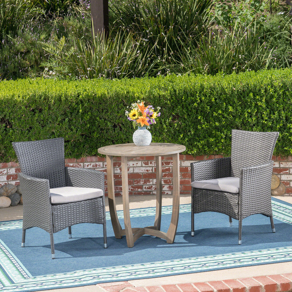 GDF Studio 3-Piece Lori Outdoor Wood and Wicker Bistro Set, Gray and Light Gray