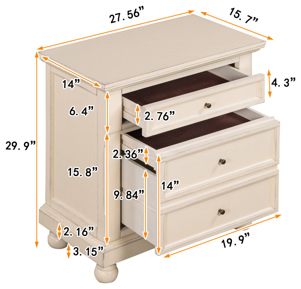 3-Drawer Wood Nightstand, Cream White, 30'' Tall