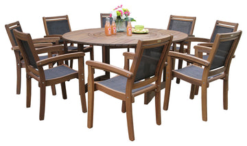 9-Piece Eucalyptus Round Lazy Susan Dining set With 8 Stacking Sling Armchairs