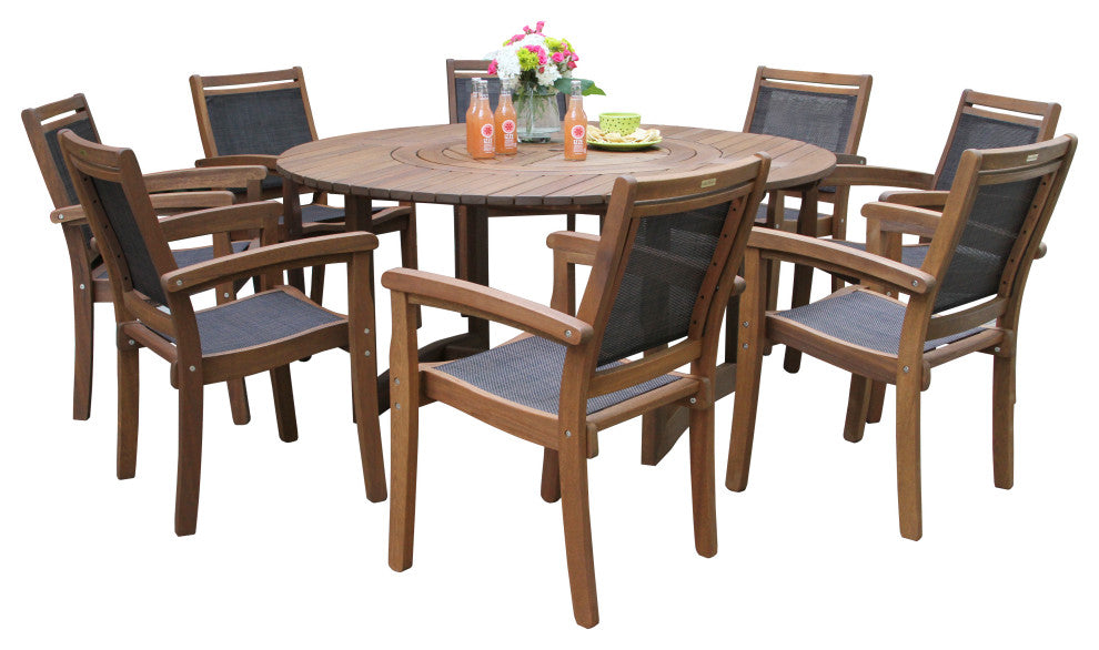 9-Piece Eucalyptus Round Lazy Susan Dining set With 8 Stacking Sling Armchairs