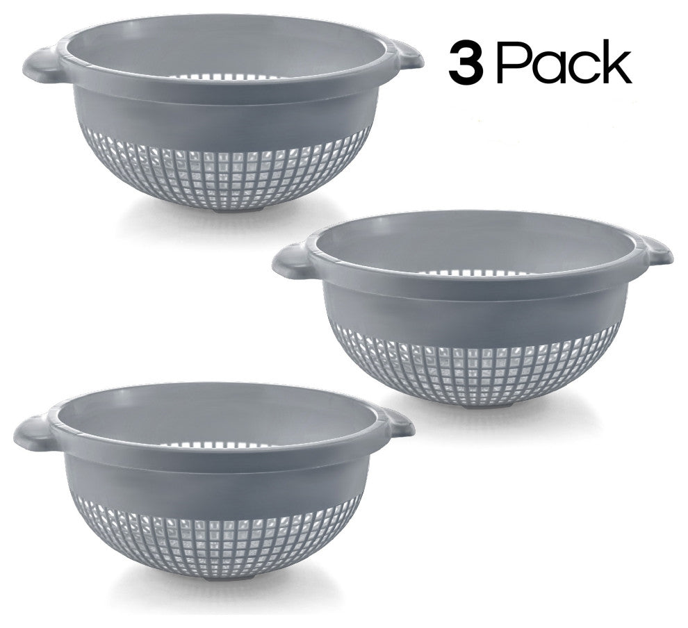 YBM Home Plastic Round Deep Colander Strainers, 14 Inches. (3 PACK), Gray