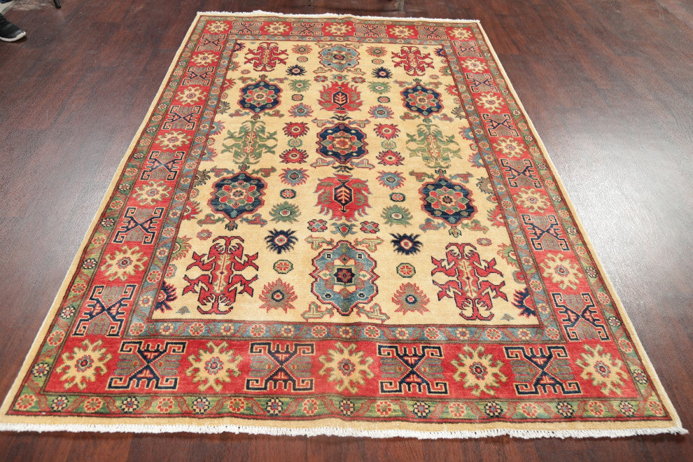 Hand Made Kazak Oriental Traditional Pakistani Area Rug, Beige, 7'5"x5'0