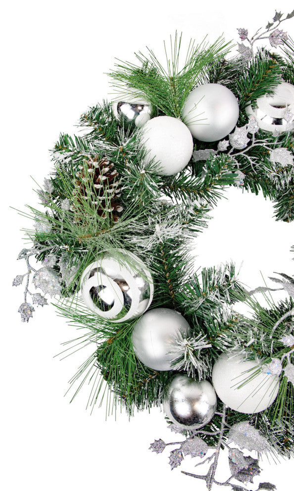 Green Pine Needle Wreath with Pinecones and Christmas Ornaments  24-Inch  Unlit