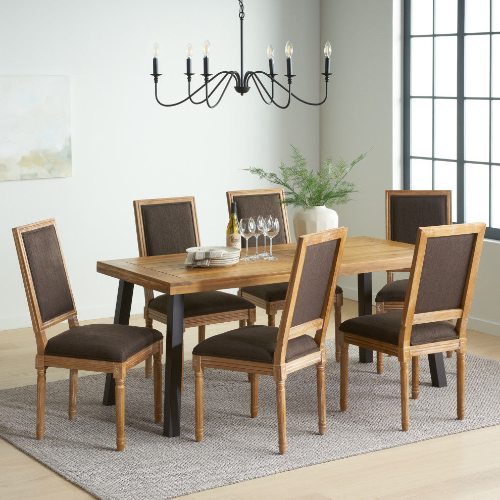 Marten Farmhouse Fabric Upholstered Wood and Cane 7 Piece Dining Set, Brown + Natural + Rustic Metal + Natural Stained