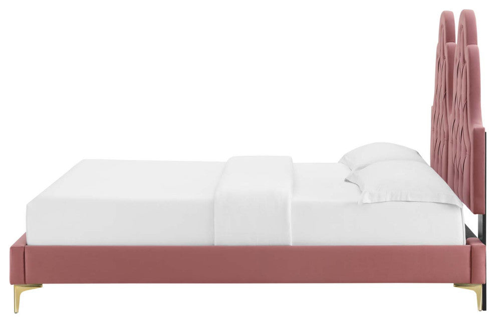 Tufted Platform Bed Frame, Full Size, Velvet, Pink, Modern Contemporary, Bedroom
