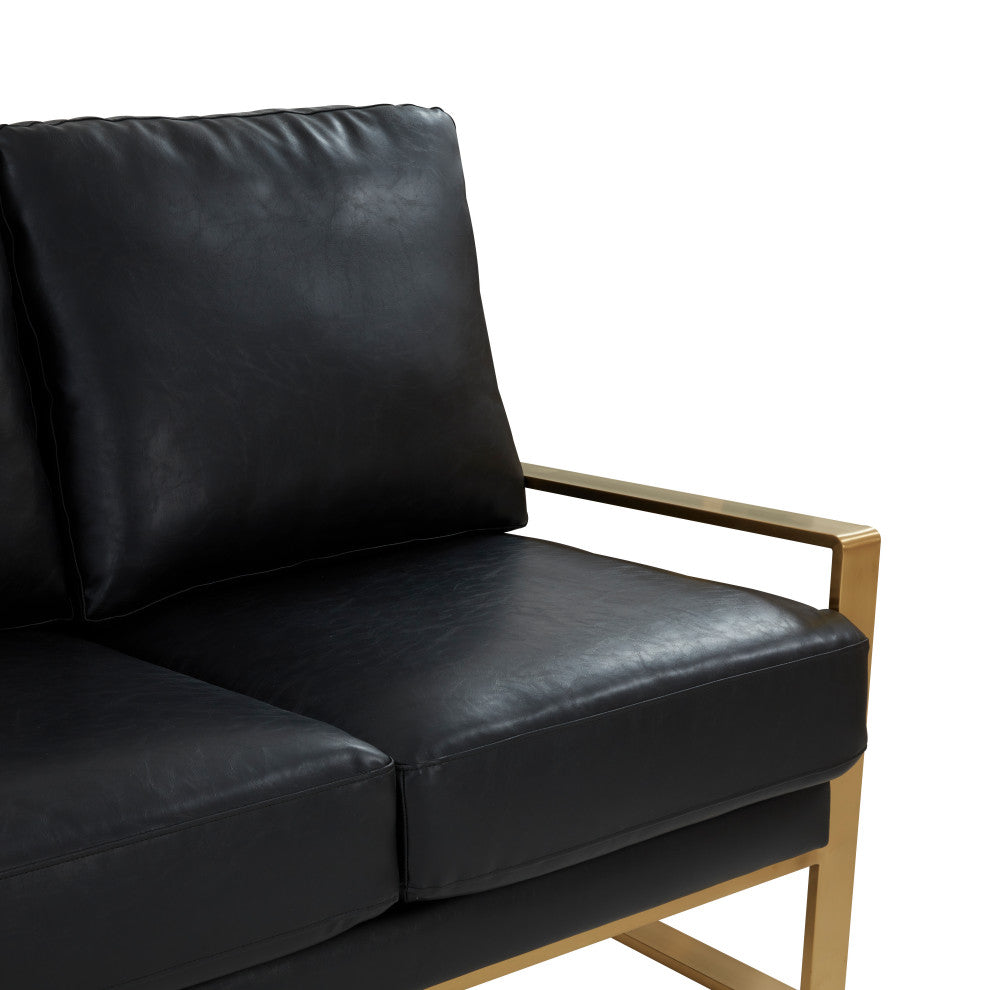 LeisureMod Jefferson Modern Design Faux Leather Sofa With Gold Frame, Black