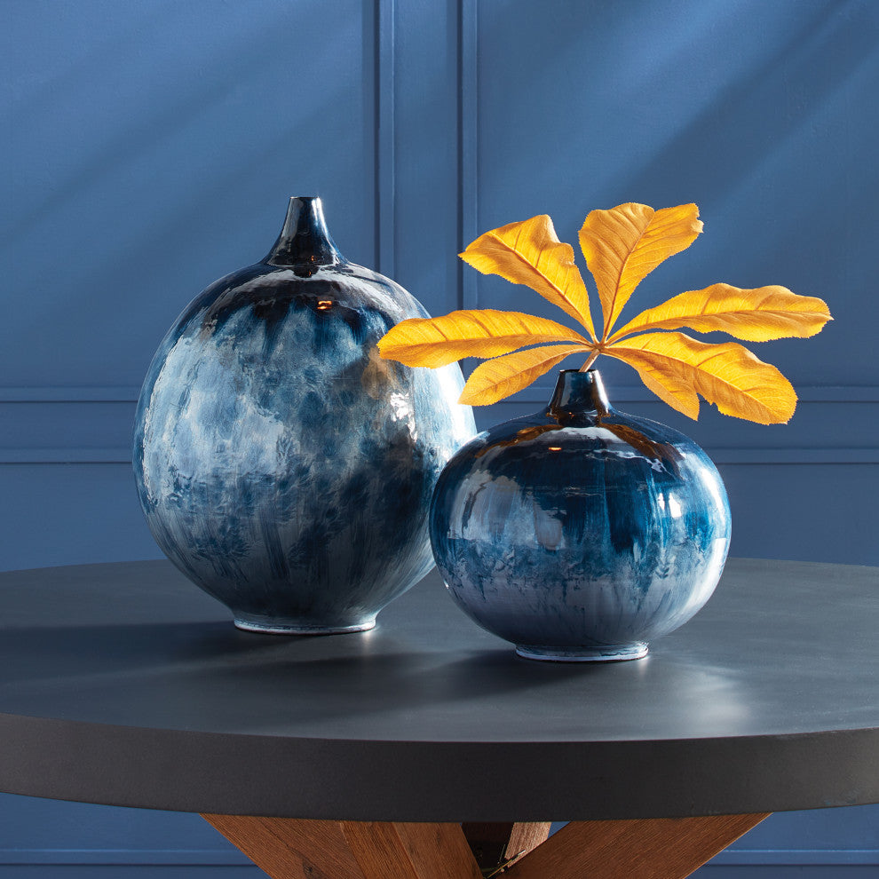 Blue Wash Decorative Round Vase, Short