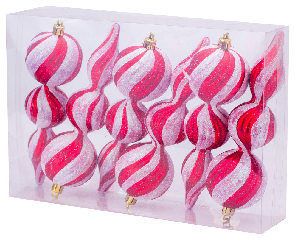 6" Red Finial Ornament With White Glitter Swirls, 6 Pack
