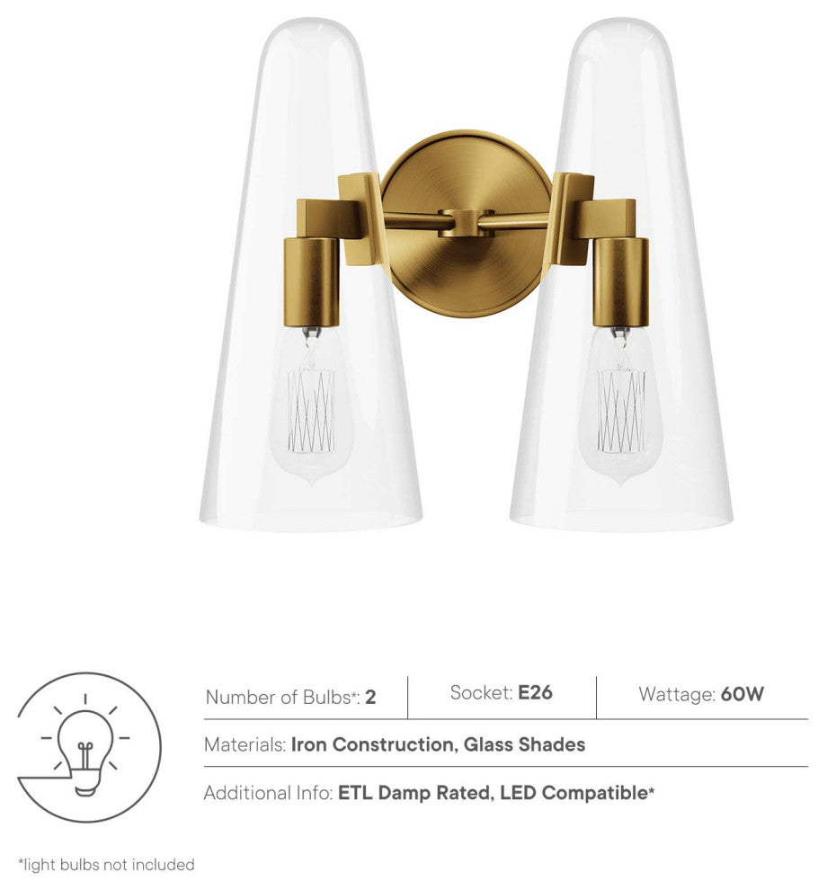 Beacon 2-Light Wall Sconce, Clear Satin Brass