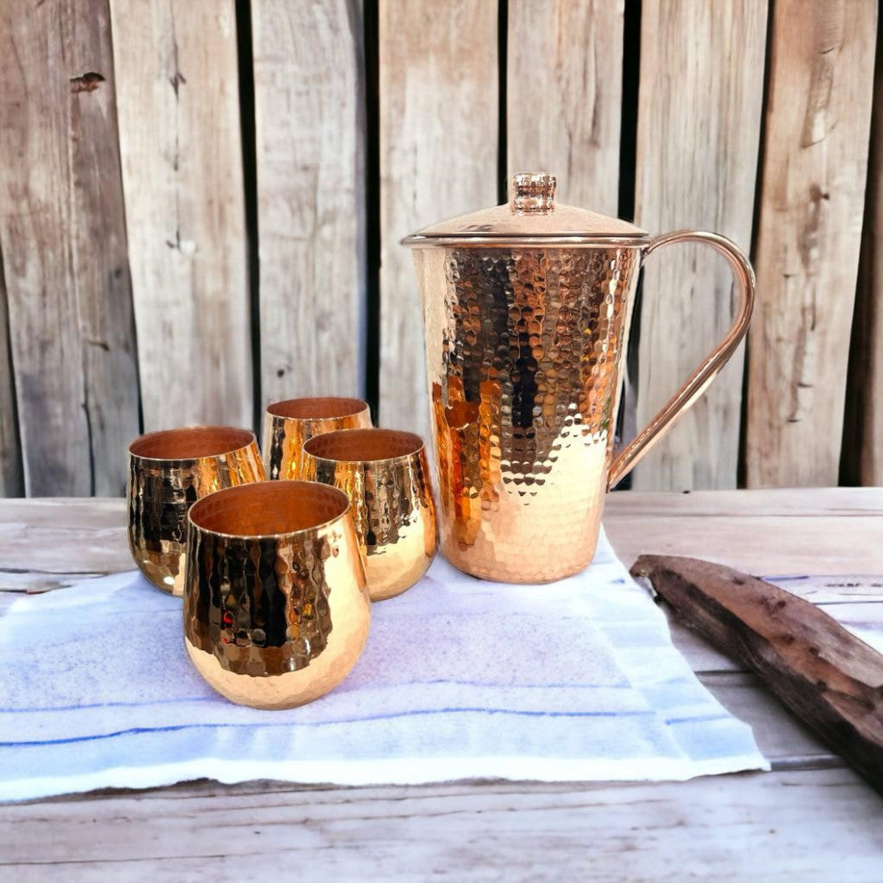 Set of 1 Shiny Copper Pitcher and 4 Tumblers
