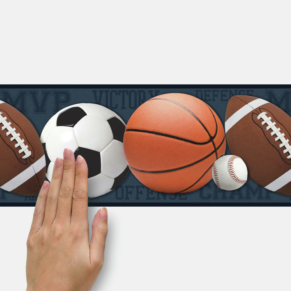 Sports Balls Peel and Stick Wallpaper Border, Blue and Orange