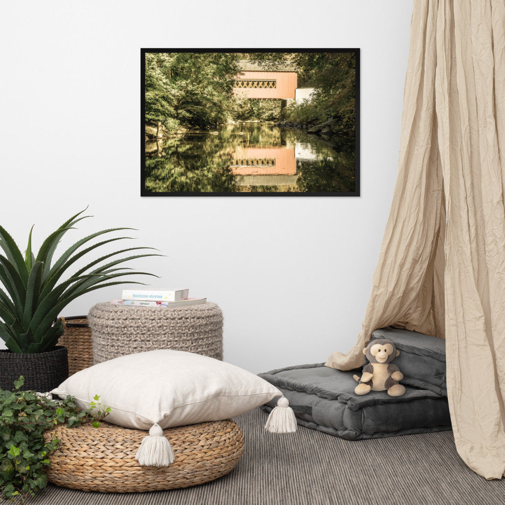 The Reflections of Wooddale Covered Bridge Aged Framed Photo Wall Art Print, Black, 24" X 36"
