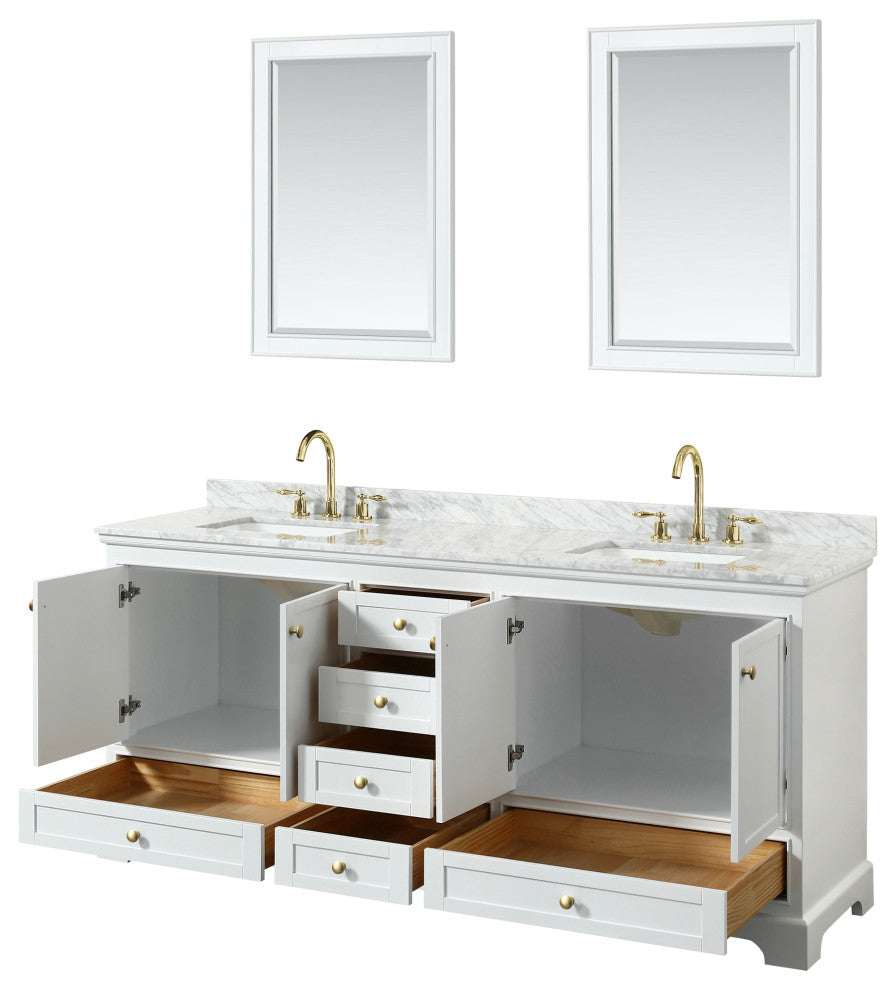 80"DBL Bath Vanity White, Carrara Countertop, Sinks, Gold Trim, 24" Mirrors