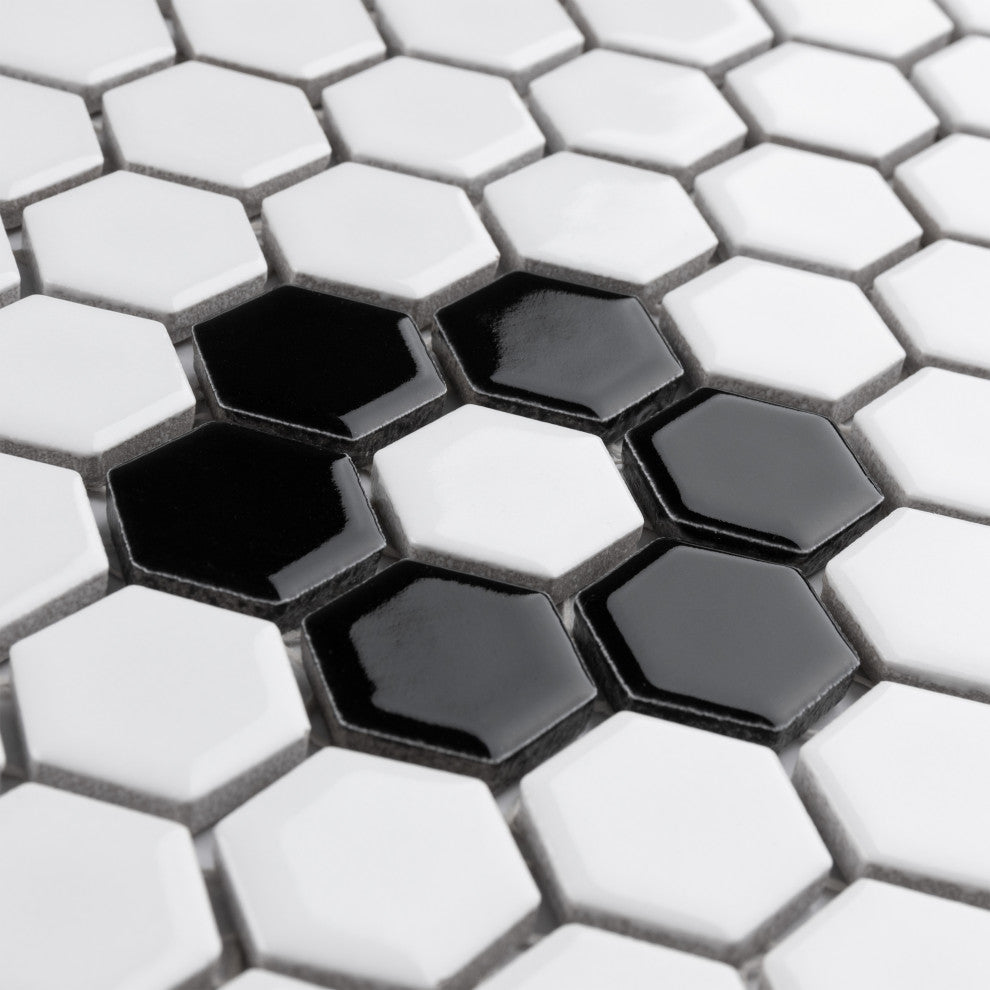 Metro 1" Hex Porcelain Mosaic Floor and Wall Tile, Glossy White With Heavy Flower