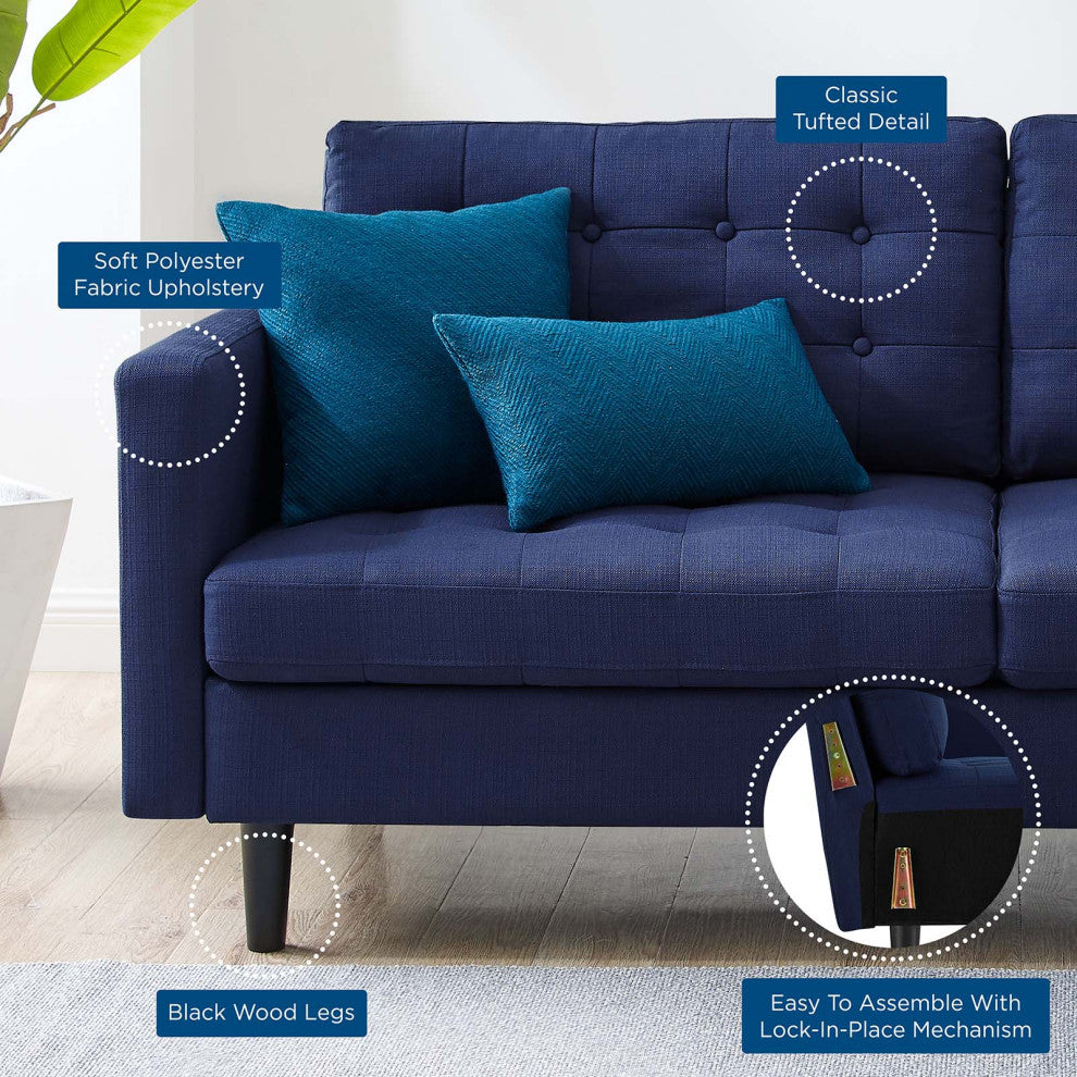 Tufted Sofa, Fabric, Dark Blue, Modern, Living Lounge Hotel Lobby Hospitality