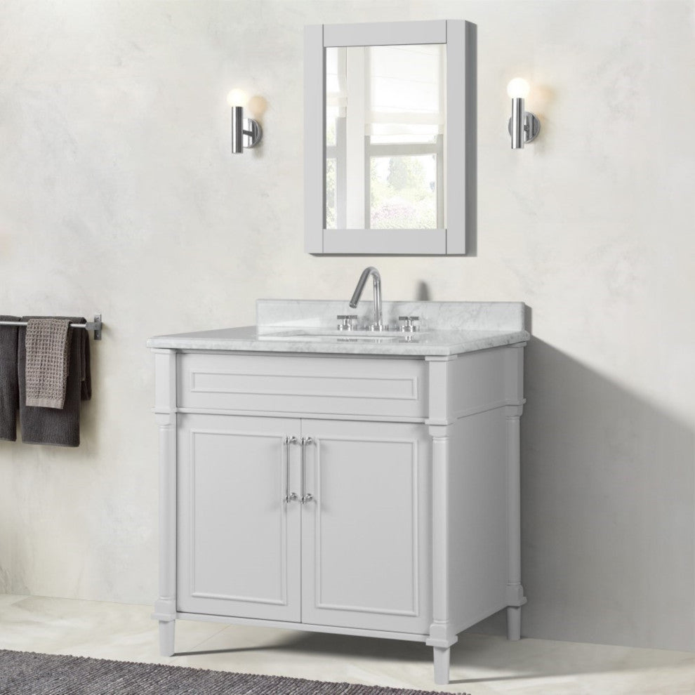 36" Single Vanity, White With White Carrara Marble Top