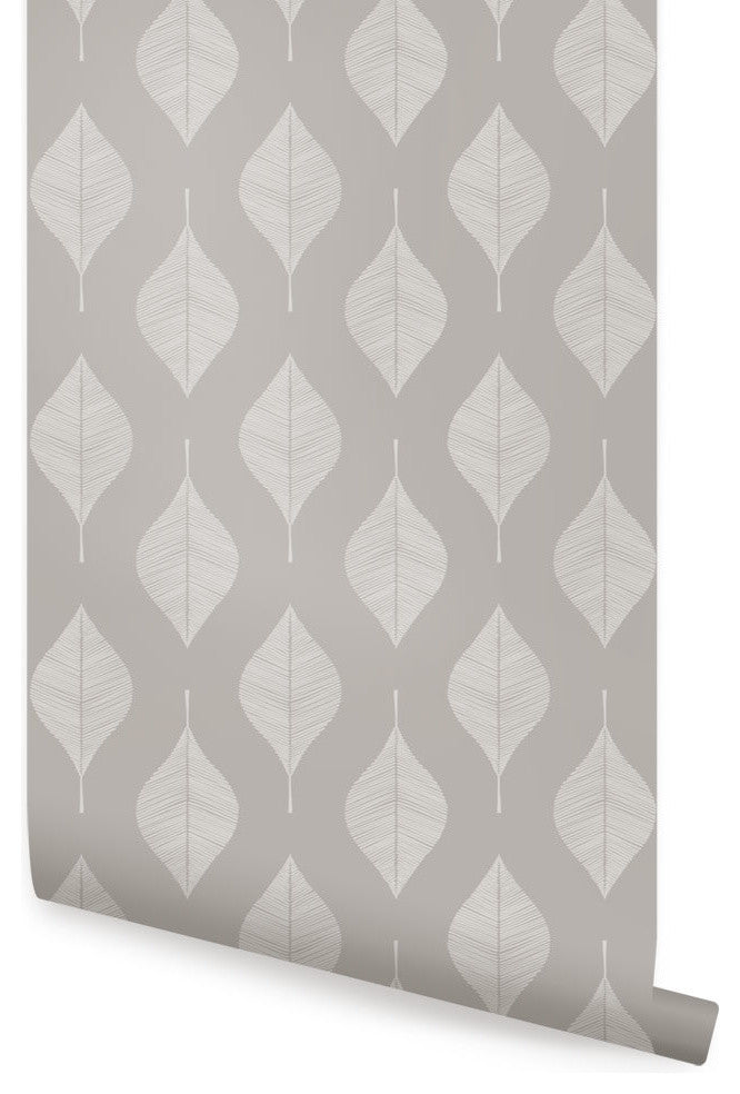 Line Leaves Peel and Stick Vinyl Wallpaper, Off White Warm Gray, 24"w X 60"h