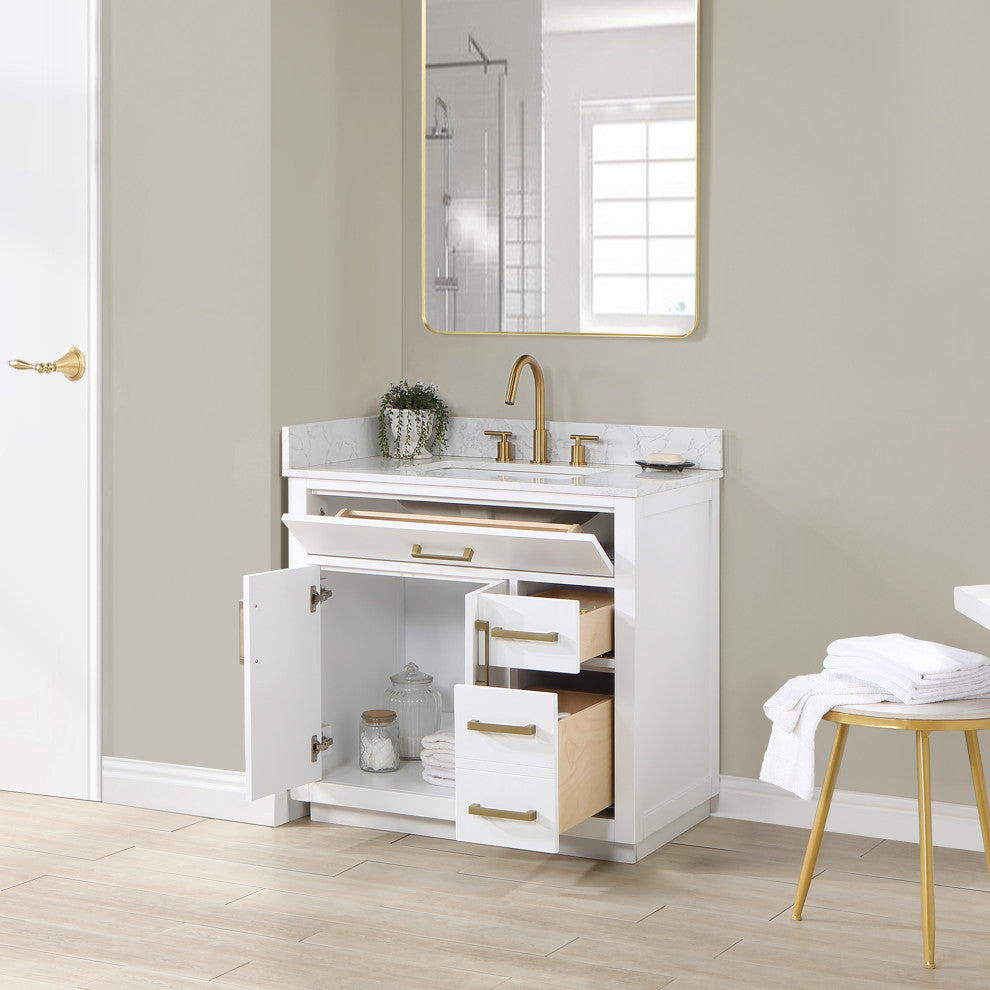 Gavino Vanity With Grain White Composite Stone Top, White/Brushed Gold, 36", No Mirror
