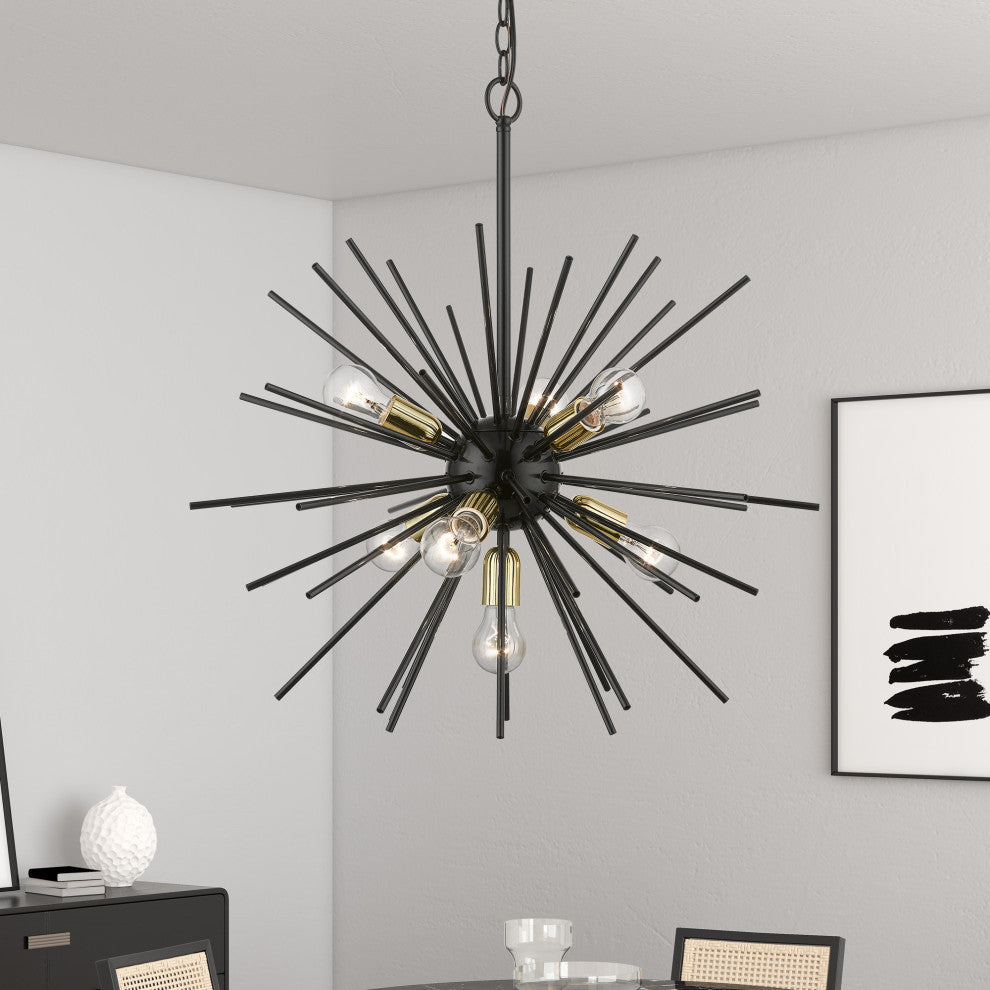 Tribeca 7 Light Shiny Black With Polished Brass Accents Pendant Chandelier