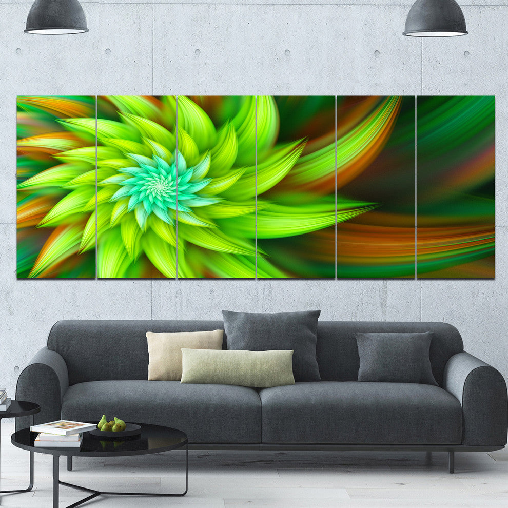 Huge Clear Green Fractal Flower, Floral Canvas Art Print, 70"x28", 6 Panels