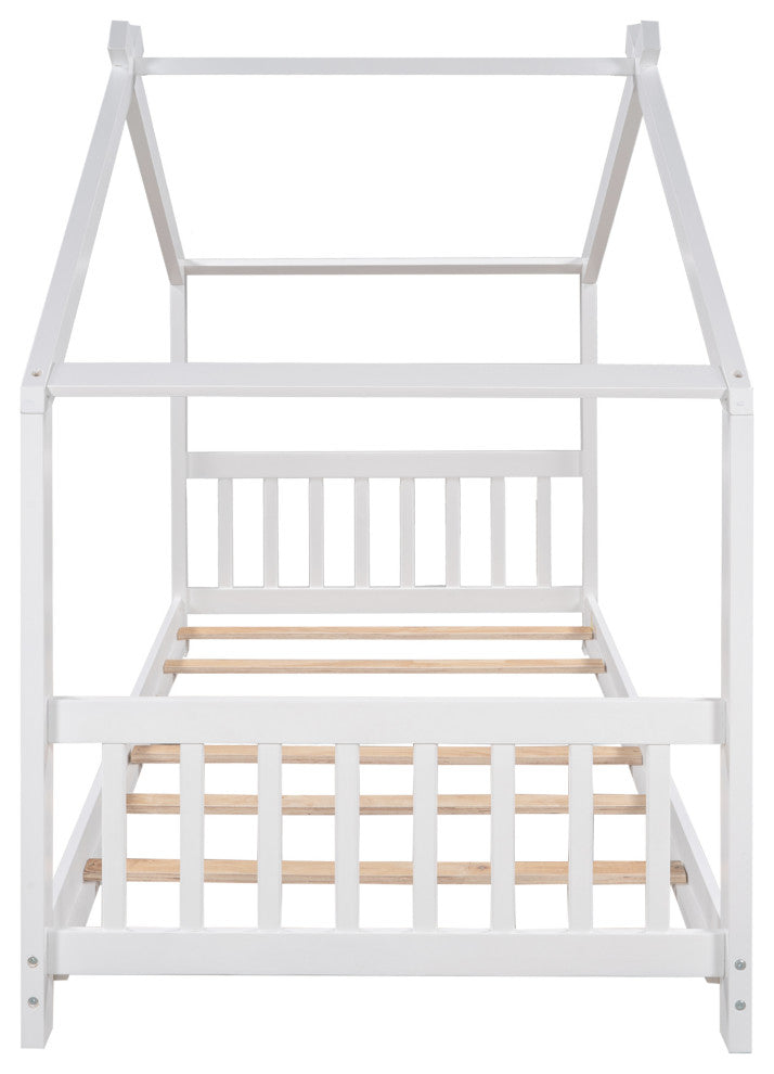 Gewnee Twin Size House Platform Bed with Headboard and Footboard in White