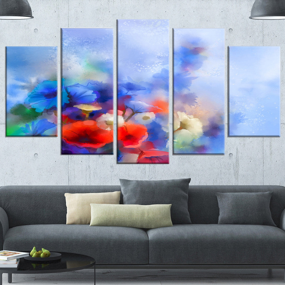 Blue Corn Flowers and Red Poppies, Floral Canvas Art Print, 60"x32", 5 Panels