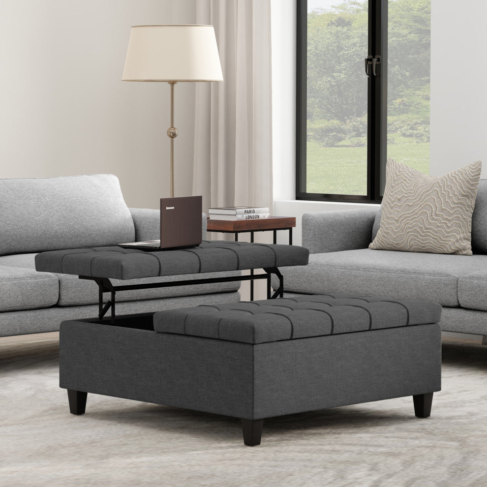 Harrison Large Square Coffee Table Storage Ottoman, Slate Grey
