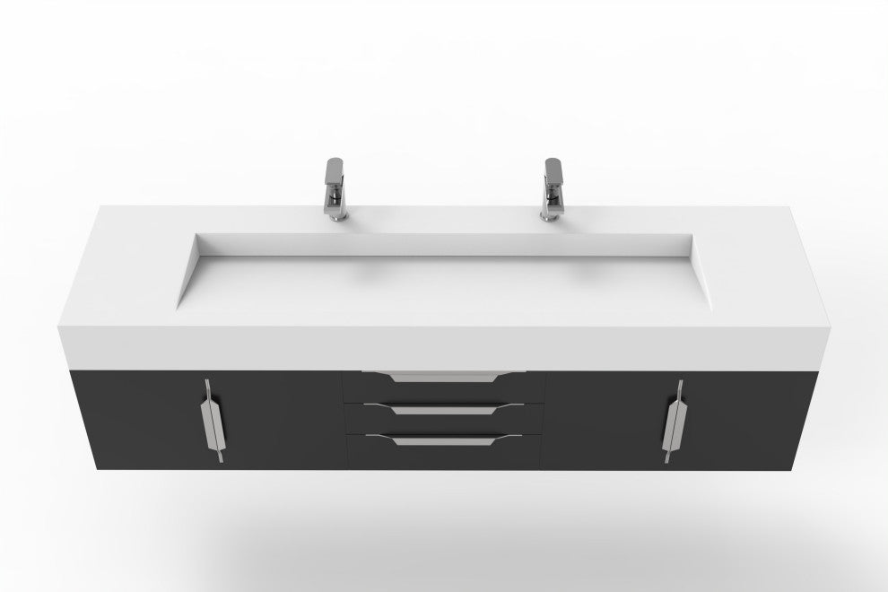 CastelloUSA Nile 72" Wall Mounted Bathroom Vanity Set, Black, White Top, Chrome Handles