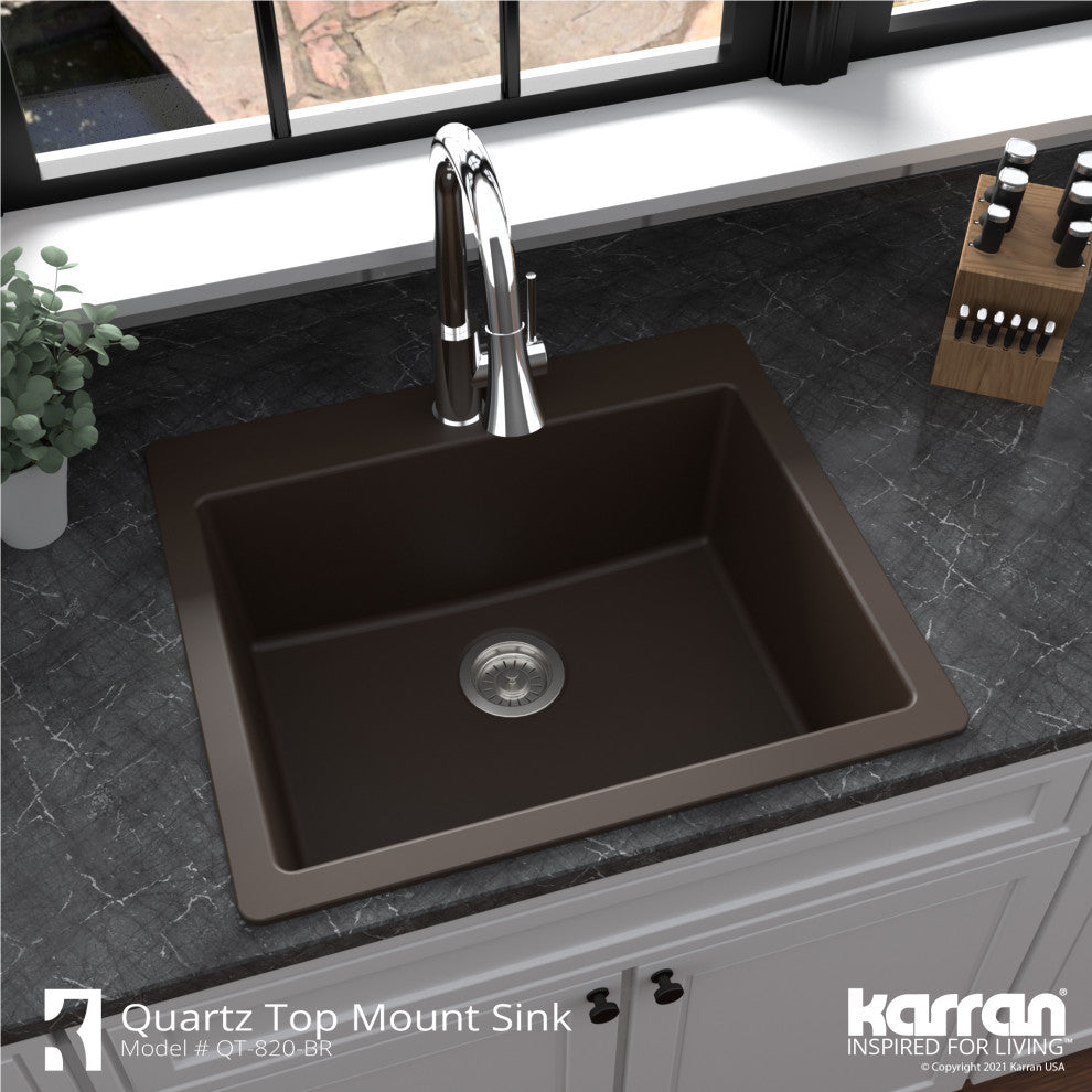 Karran QT-820 Top Mount 25" Single Bowl Quartz Kitchen Sink, Brown