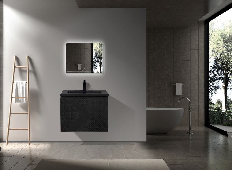 Matte Black Wall Mount Bath Vanity, Integrated Sink, Black Sink, 24"