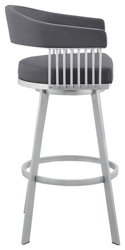Armen Living Bronson 29" Faux Leather Bar Stool in Gray/Stainless Steel