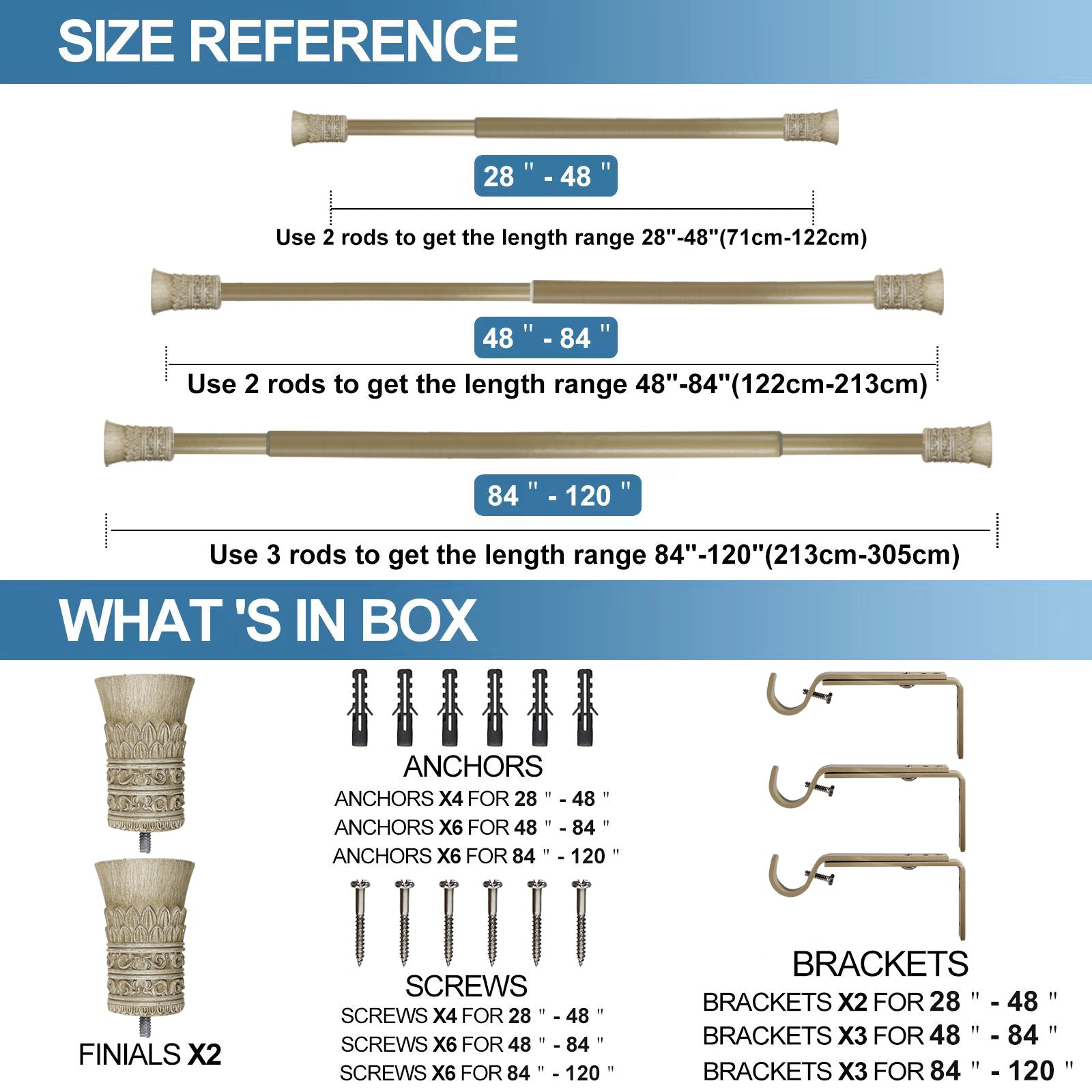 1" Diameter Tribale Curtain Rod, 48"-84", Cottage
