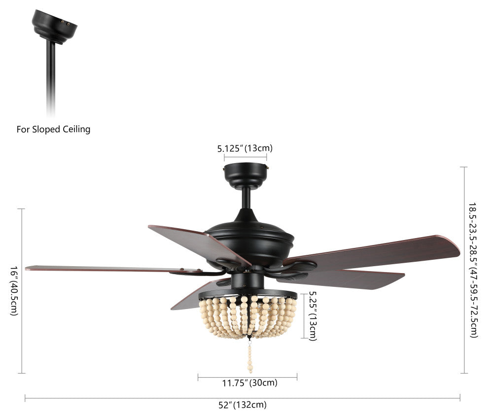 Erin 52" 3-Light LED Ceiling Fan, Iron/Wood Beads, Remote/App Control, brown