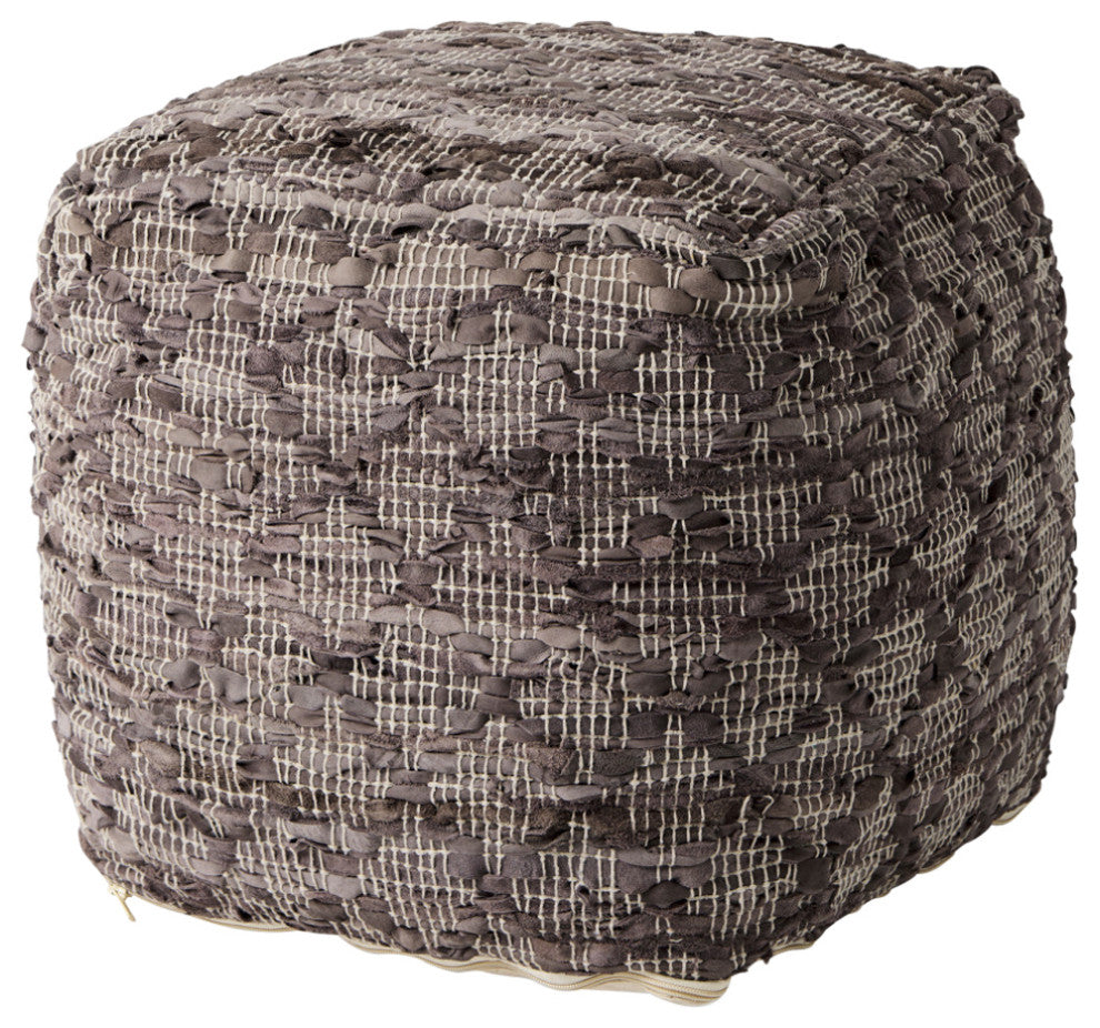 Falguni 16Lx16Wx16H Gray Leather and Cotton Patterned Pouf
