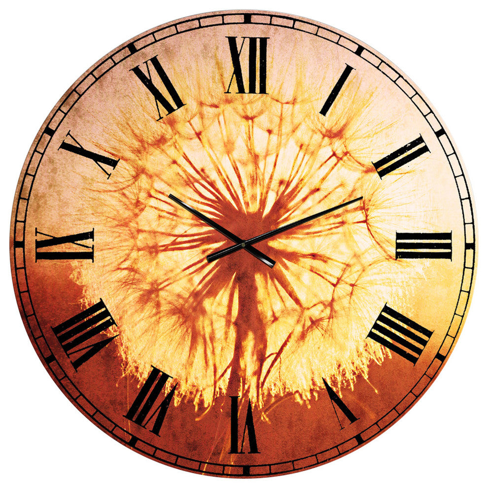 Blossom Dandelion Flower On Brown Flower Large Wall Clock, 36x36