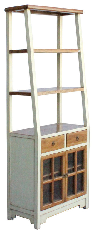 Oriental Cream White Brown Glass Door China Bookcase Cabinet Hcs4173