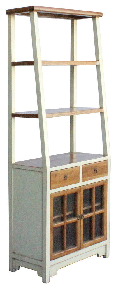 Oriental Cream White Brown Glass Door China Bookcase Cabinet Hcs4173