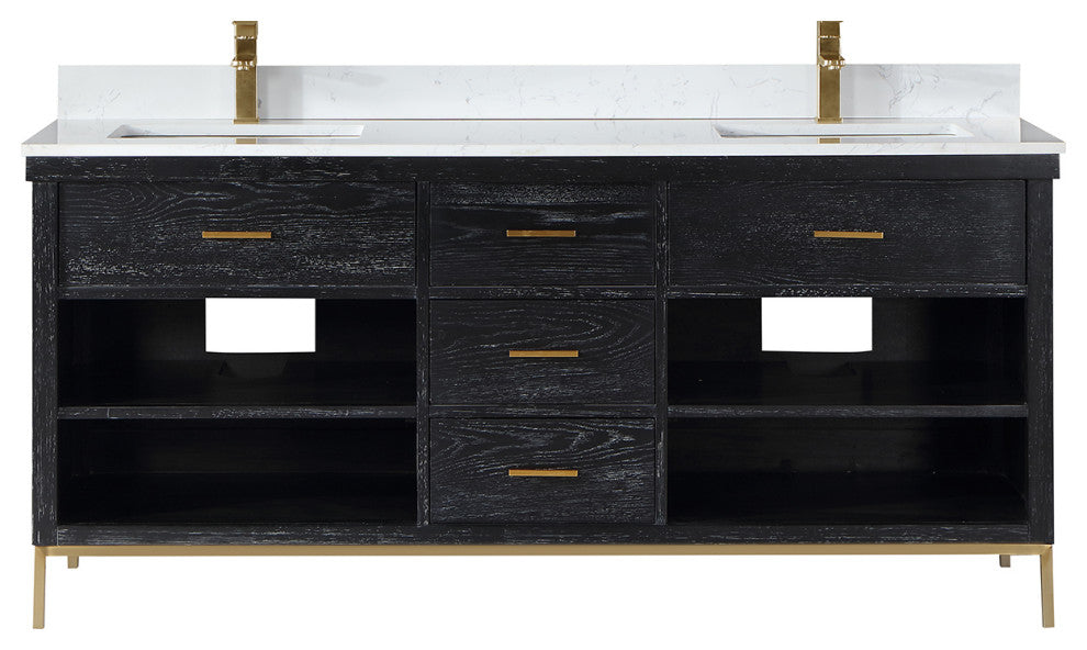 Kesia Black Oak Bathroom Vanity Set, 72", Without Mirror
