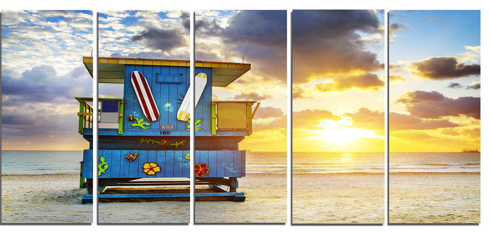 Miami South Beach Sunrise, Large Seashore Canvas Wall Art, 60"x28", 5 Panels