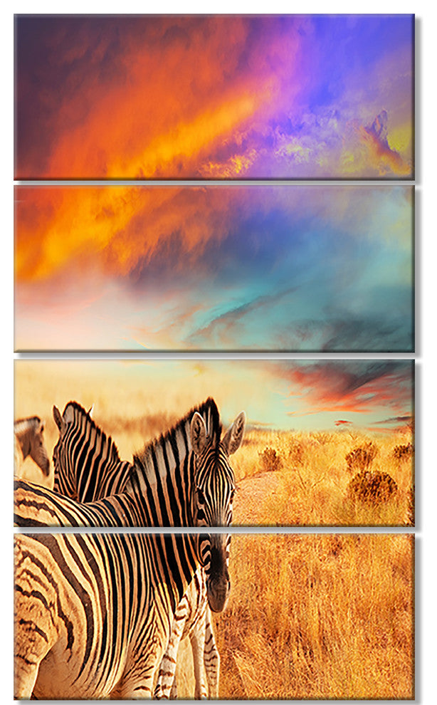 Zebras in Bush under Colorful Sky, African Canvas Art Print, 28"x48", 4 Panels