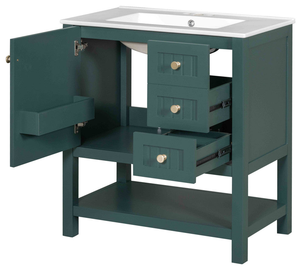 30 Inch Transitional Style Bathroom Vanity Cabinet Combo with Ceramic Sink, Green
