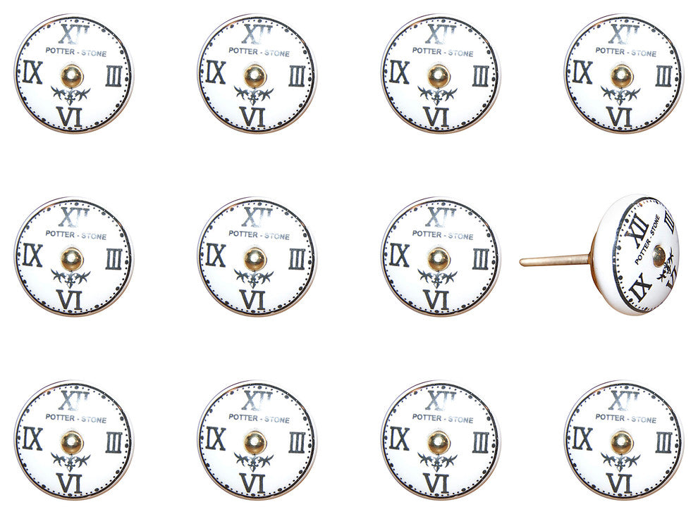 Knob-It Vintage Handpainted Ceramic Knobs, Set of 12, White/Black/Gold
