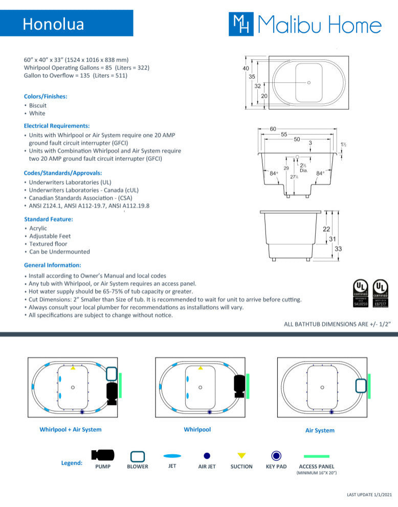 Malibu Honolua Rectangle Combination Whirlpool and Air Bathtub 60x40x33 White