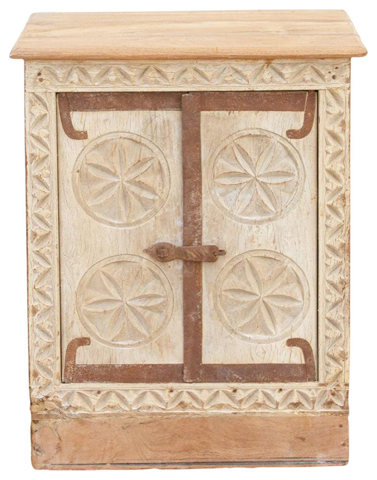 Small Bleached Wood Carved Nightstand