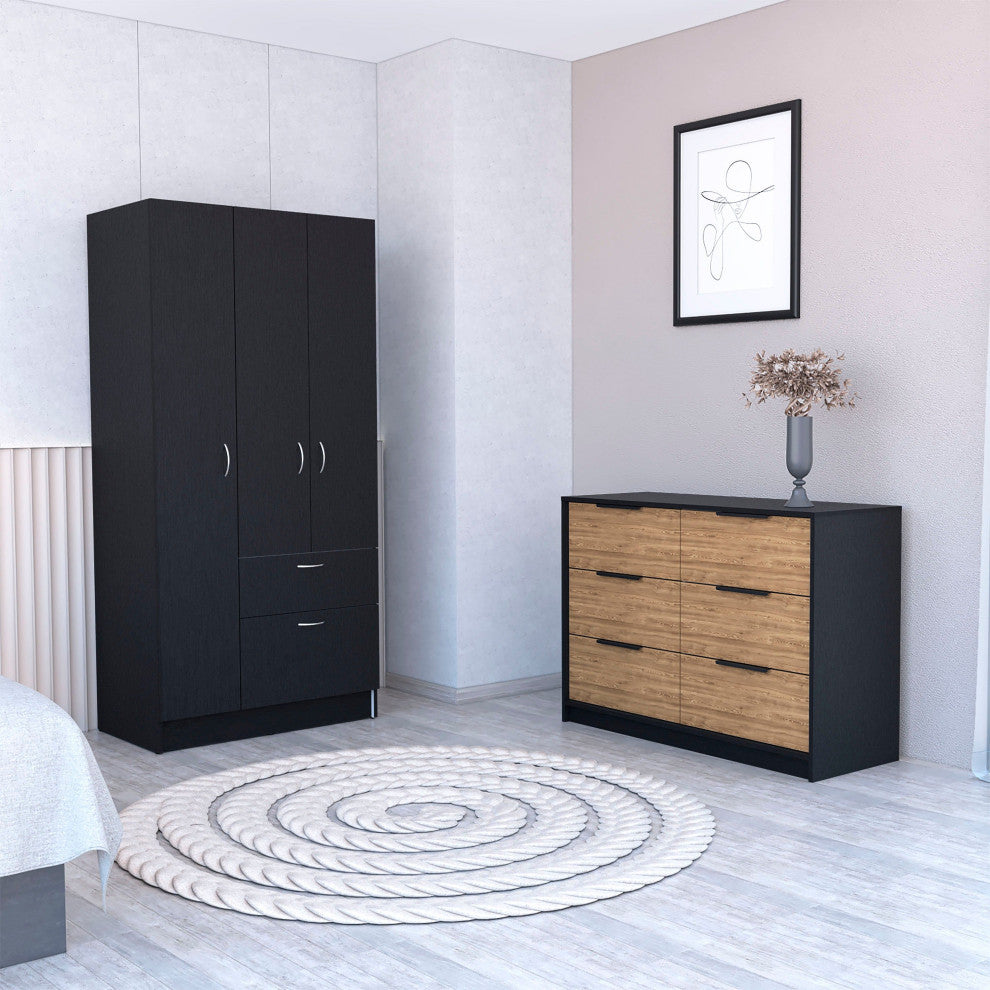 Crete 2-Piece Bedroom Set, Armoire and Dresser, Black/Pine