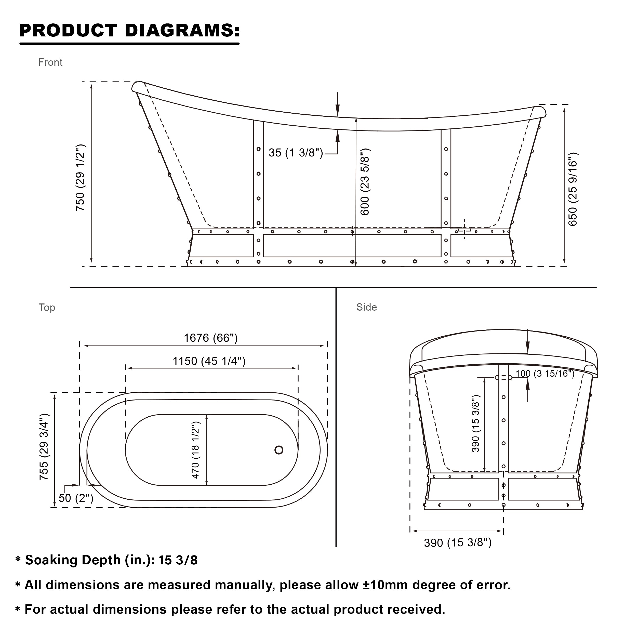 66" 100% Acrylic Freestanding Soaking Bathtub with Drain and Overflow, White, White