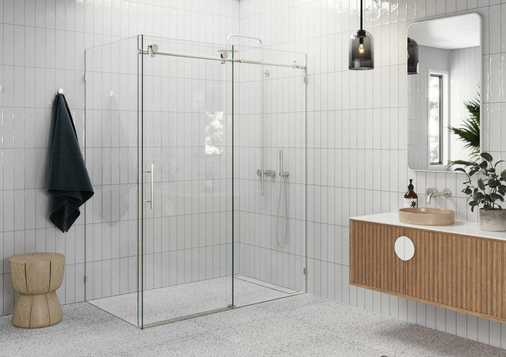 60"-64"x32"x78" Frameless Sliding Shower Door With Return Panel, Brushed Nickel