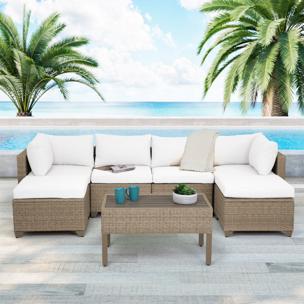 Maui 7-Piece Outdoor Conversation Set, Two Ottomans, Coffee Table, Linen White